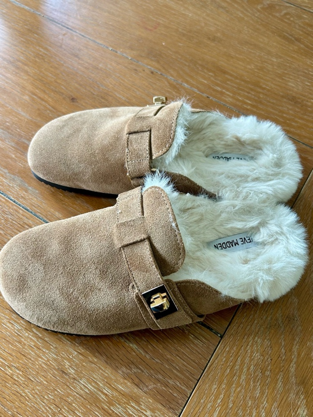 New Steve Madden Money F Leather Faux Fur Slop on Clogs - Picture 3 of 5
